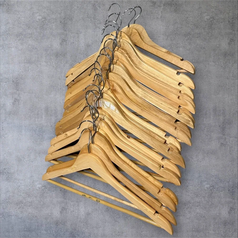 Set of 12 Natural Wood Hangers‎ with Notches and Trouser Bar